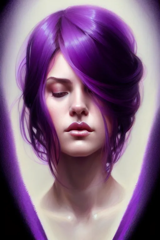 Image similar to Purple hair, creative colouring Portrait of woman face profile, fashion, colored strands of hair, intricate, elegant, highly detailed, digital painting, artstation, concept art, smooth, sharp focus, illustration, art by artgerm and greg rutkowski and alphonse mucha