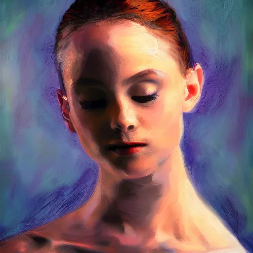 Image similar to portrait of a ballerina, impasto paint, 8 k, cinematic light, shadows, reflection highlights in the paint, in the style of christian beijer,