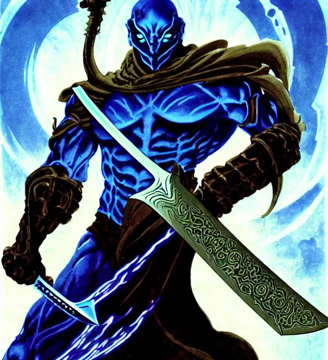 Image similar to raziel from soul reaver holding the physichal sword battling against kain, with the pillars of nosgoth on the background, syd mead and mark brooks, female, feminine, futurism, intricate linework, colors by frank frazetta