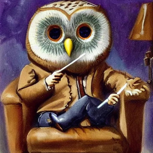 Prompt: an owl man sitting on a couch smoking a pipe, realistic masterpiece