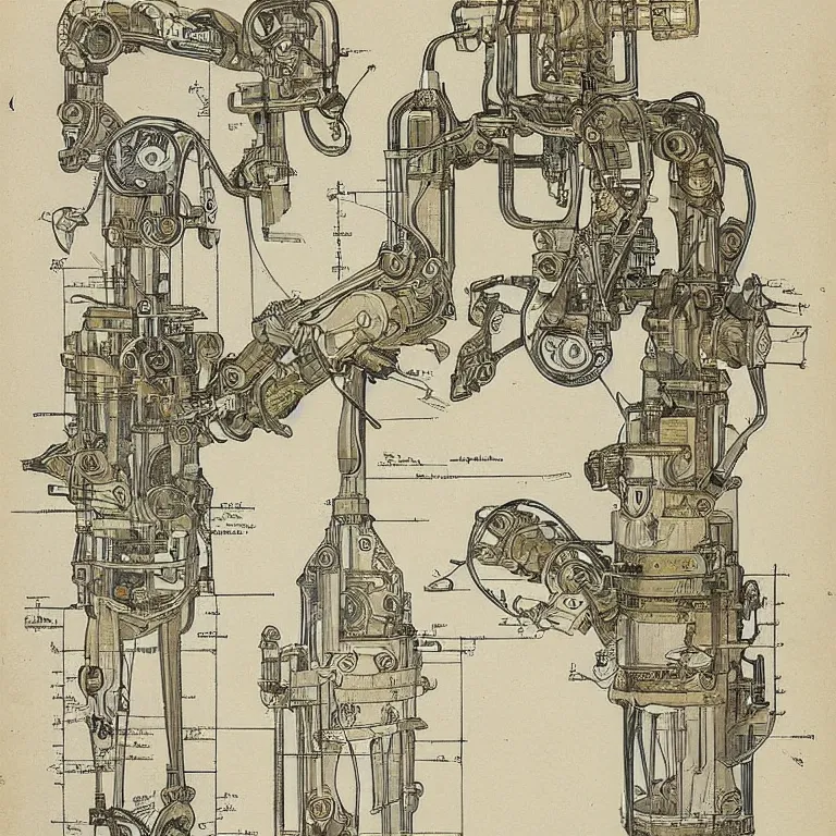 Image similar to detailed, intricate technical drawings on parchment from 1 8 4 0, with labels and notes, for a beautiful, symmetric, art deco robotic arm holding a paintbrush, a pencil, and scissors, by ron cobb and alphonse mucha