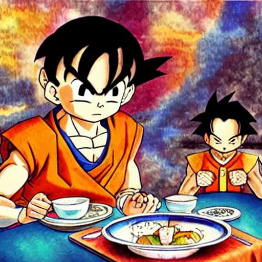 Prompt: Son Goku, dining at a fancy seafood restaurant, Akira Toriyama art, lovely background