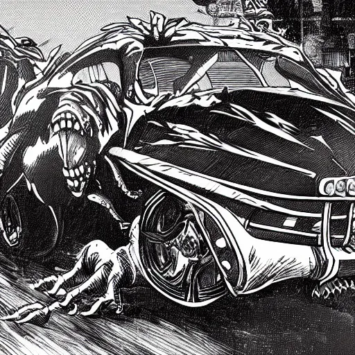 Prompt: illustration of the deathclaw monster inside the car