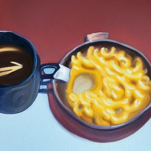 Prompt: a painting of a living box of KD mac and cheese holding a cup of coffee