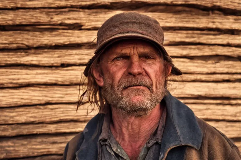 Image similar to a cinematic headshot portrait of a farmer, stood outside a wooden cabin, ultra realistic, dramatic lighting