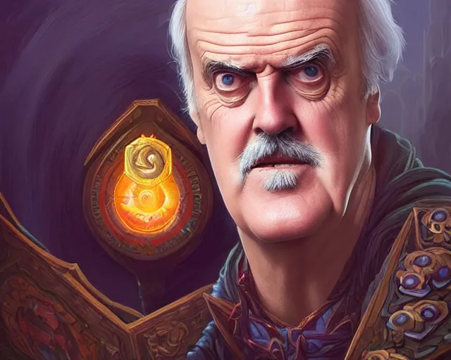 Image similar to john cleese looking totally surprised, photography of kurzgesagt, deep focus, d & d, fantasy, intricate, elegant, highly detailed, digital painting, artstation, concept art, matte, sharp focus, illustration, hearthstone, art by artgerm and greg rutkowski and alphonse mucha