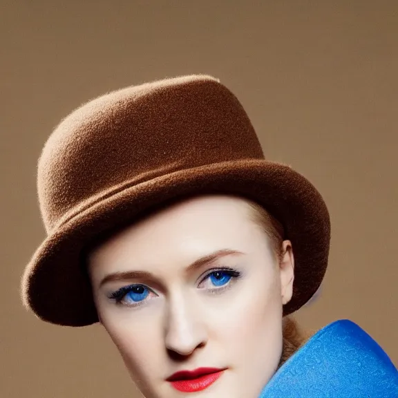 Prompt: portrait evan rachel wood angle 9 0 ° centred looking away breading fresh air, caracter with brown hat, background soft blue