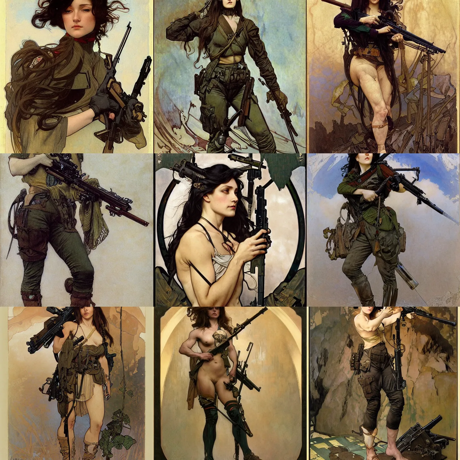 Prompt: a muscular female soldier, with a scarred face and long black hair wearing military fatigues holding a rifle, by Alphonse Mucha, Ayami Kojima, Amano, Charlie Bowater, Karol Bak, Greg Hildebrandt, Jean Delville, and Mark Brooks, Art Nouveau, Pre-Raphaelite, Neo-Gothic, gothic, Art Nouveau, rich deep moody colors