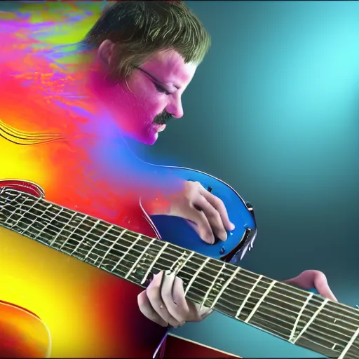 Image similar to ultra realistic vfx of a guitar player melting on colors, alucination, trending on art station, masterpiece, 4 k, gta