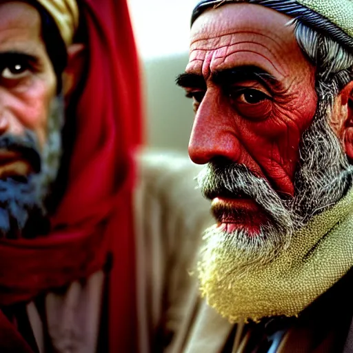 Image similar to portrait of president woodrow wilson as afghan man, green eyes and red scarf looking intently, photograph by steve mccurry