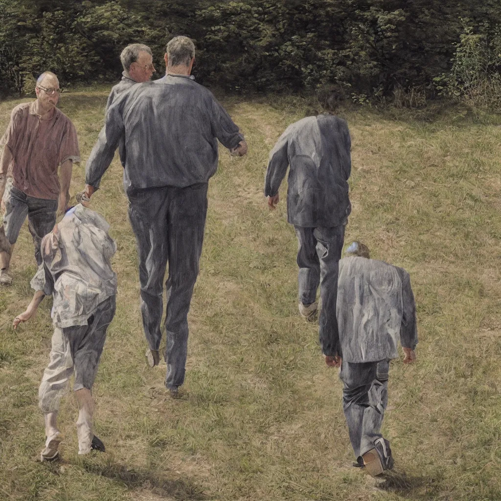 Prompt: high quality high detail painting of todd solondz walking with a friend by lucian freud and gregory crewdson, hd, photorealistic lighting