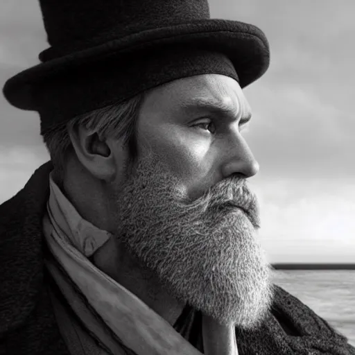 Prompt: Live Action Still of Jerma985 in a film as a Lighthouse Keeper with an overcoat, hat, and beard, black and white, hyperrealistic, ultra realistic, realistic, highly detailed, epic, HD quality, 8k resolution, body and headshot, film still