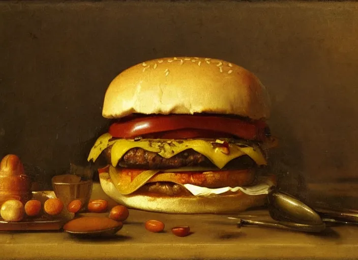 Image similar to a beautiful renaissance painting of a hamburger in style of John Singer Sargant, still life, Velasquez, trending on artstation