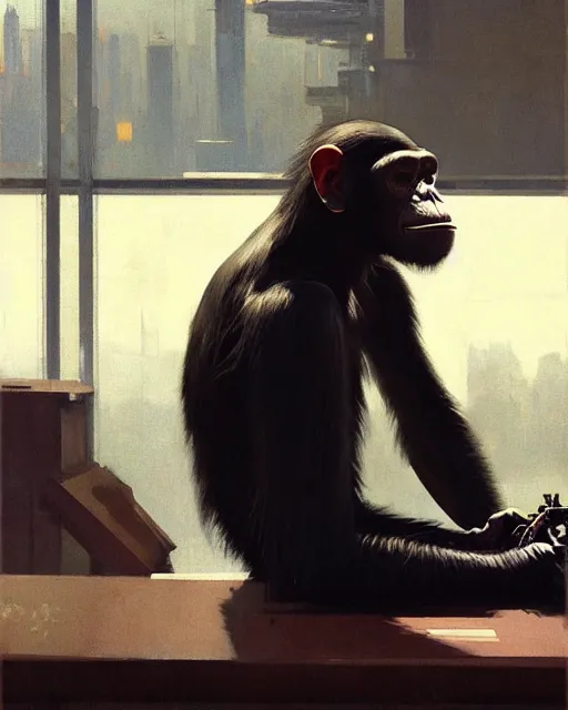 Image similar to cyberpunk augumented chimpanzee at the computer. art by greg rutkowski, gustave courbet, rosa bonheur, edward hopper. faithfully depicted facial expression, perfect anatomy, sharp focus, global illumination, radiant light, detailed and intricate environment, trending on artstation