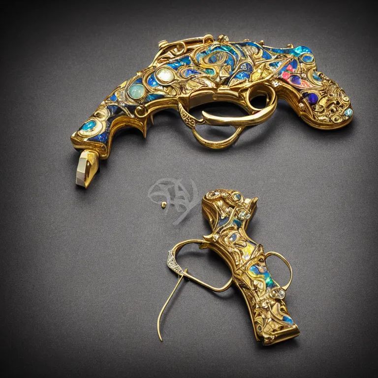 Prompt: jewelry gun made of prismatic opal and gold, design in rococo style, dark background, studio shot