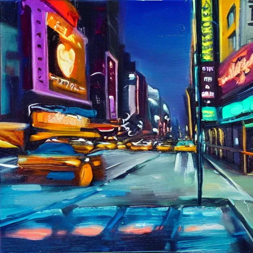 Prompt: oil painting of new york city, street view, night, glow of neon lights.