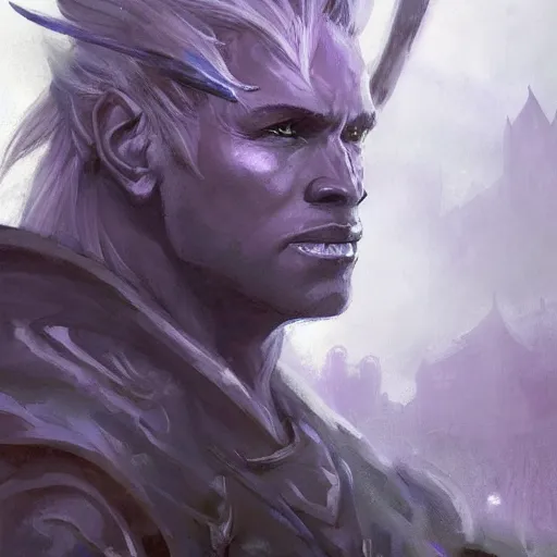 Prompt: closeup portrait drizzt do'urden, black skin, drow, lavender eyes, dungeons and dragons character, castle background, gorgeous view, realistic, high detail, digital art, painted by greg rutkowski, painted by jeremy mann, trending on artstation