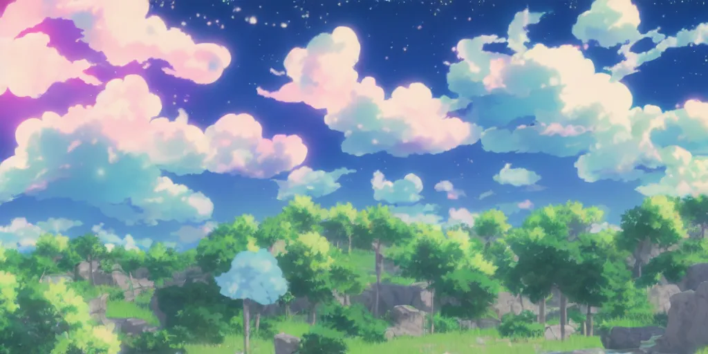 Image similar to A background for an anime-themed social media profile sky bright clouds bloom effect from Skyrim blender studio ghibli clouds