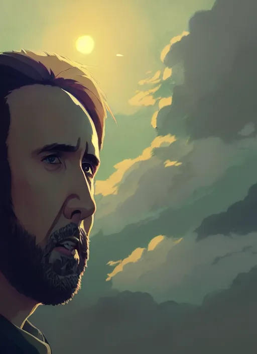 Image similar to portrait of nicolas cage, cloudy sky background lush landscape illustration concept art anime key visual trending pixiv fanbox by wlop and greg rutkowski and makoto shinkai and studio ghibli