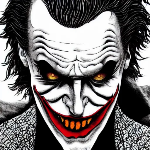 Image similar to The Joker portrait in the style of Junji Ito. Manga. Black & White. Gothic. Horror. Exquisitely detailed. 4K.