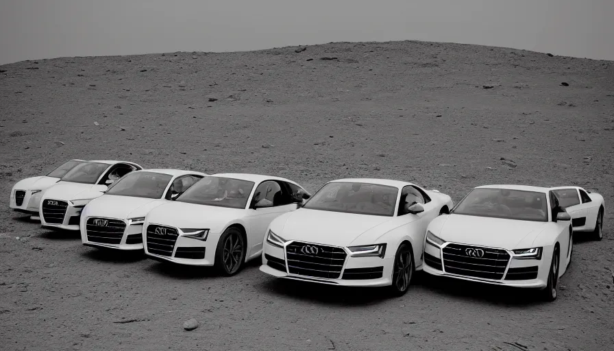 Prompt: a group of audi cars on the moon, wide angle shot