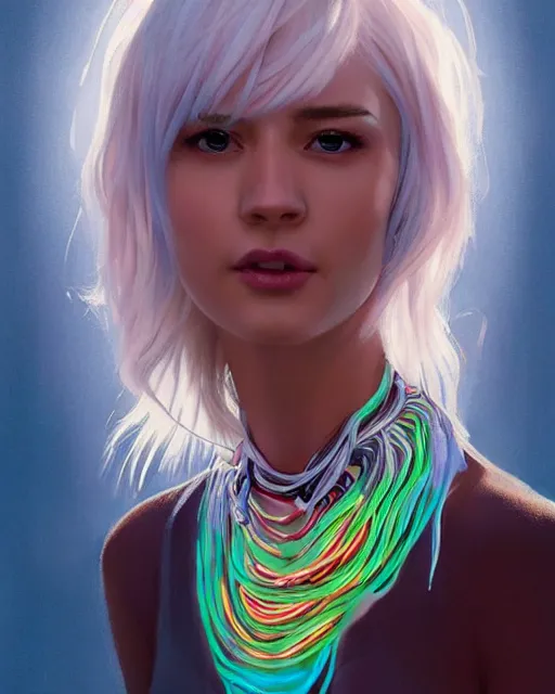 Prompt: half - electricity woman, white and multicolored hair and several necklaces around her neck, with cute - fine - face, pretty face, realistic shaded perfect face, fine details by realistic shaded lighting poster by ilya kuvshinov katsuhiro otomo, magali villeneuve, artgerm, jeremy lipkin and michael garmash and rob rey