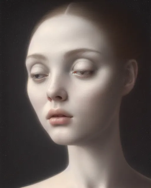 Image similar to dreamy, monochrome, subsurface scattering, white, young beautiful goddess in cosmos, octane render, dino valls, mark ryden, highly detailed, rim light, art, cinematic lighting, very coherent, hyper realism, 8 k