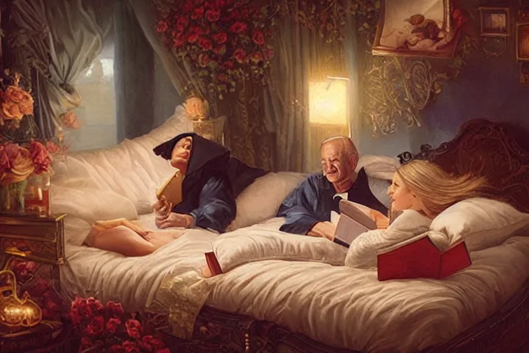 Image similar to portrait of kim kardashian reading a bedtime story to joe biden in bed, an oil painting by ross tran and thomas kincade