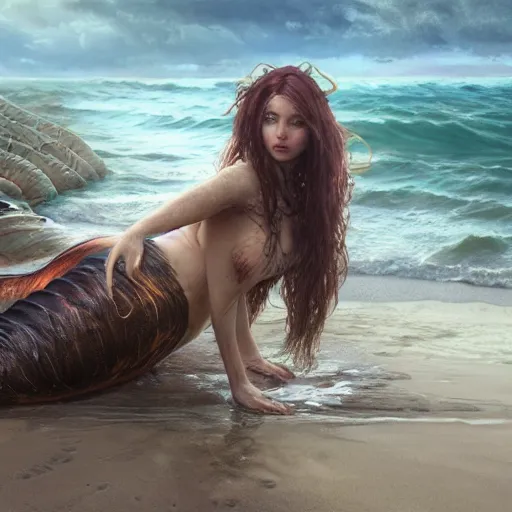Image similar to a sad mermaid covered in a motor oil and thrash on the beach, ultra realistic, concept art, intricate details, highly detailed, photorealistic, octane render, 8 k, unreal engine. art by artgerm and greg rutkowski and magali villeneuve and alphonse mucha