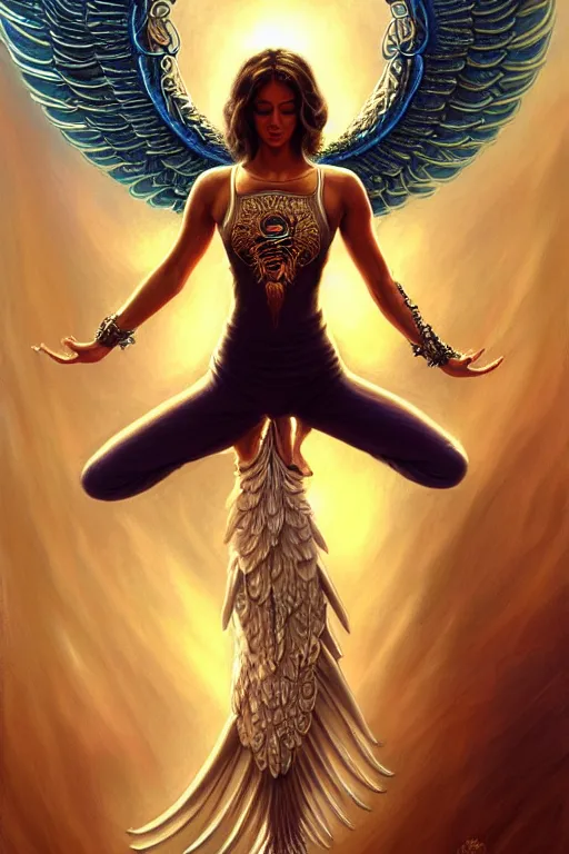 Prompt: angel doing yoga in temple, angel is wearing a t - shirt with metal band logo, fantasy, intricate, elegant, highly detailed, digital painting, artstation, concept art, matte, sharp focus art by boris vallejo, smooth, sharp focus, illustration