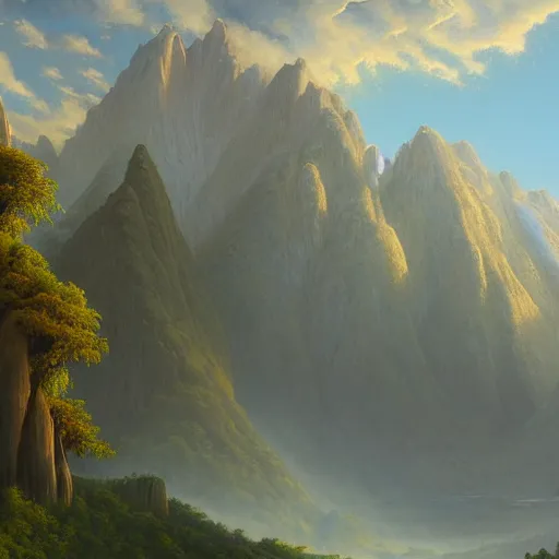 Prompt: a painting of a mountain with trees in the foreground, a detailed matte painting by christophe vacher, shutterstock contest winner, fantasy art, terragen, matte painting, detailed painting