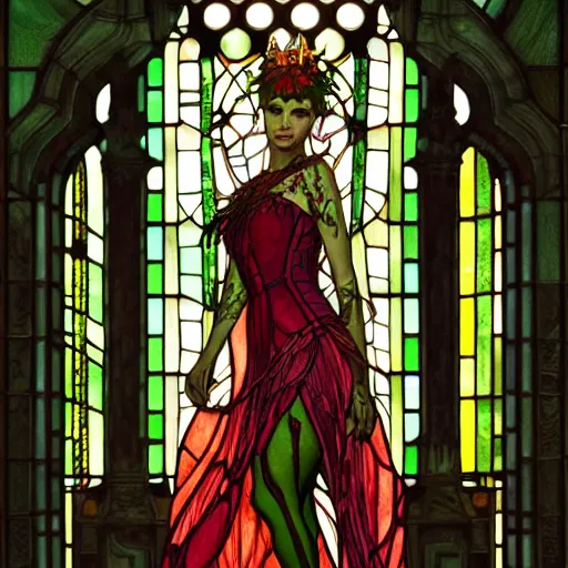 Prompt: a stunningly detailed full body stained glass window of a beautiful queen dressed as poison ivy with green skin wearing a long floor length crimson dress, dark eyeliner, intricate, elegant, highly detailed, digital painting, artstation, concept art, sharp focus, illustration, art by greg rutkowski and alphonse mucha