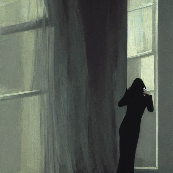 Image similar to woman in transparent black robes, back to us, reaching up for window, highly detailed, artstation, art by John Berkey, edward hopper, zdislav beksinski, wayne barlowe, edward hopper