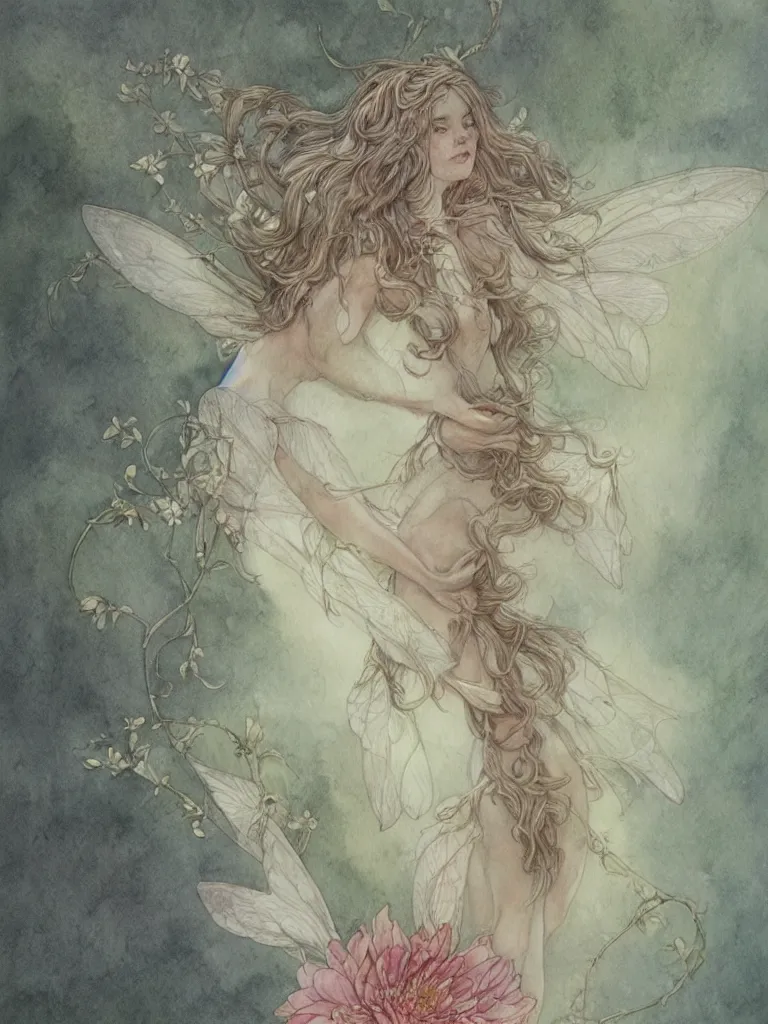 Image similar to study of a flower fairy, illustration, watercolor, alan lee, detailed, pretty, ethereal, realistic, artstation,