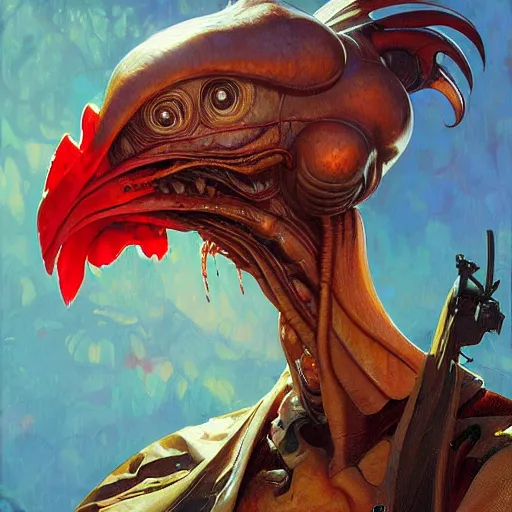 Image similar to chicken alien by Stanley Artgerm Lau, greg rutkowski, thomas kindkade, alphonse mucha, loish, norman Rockwell