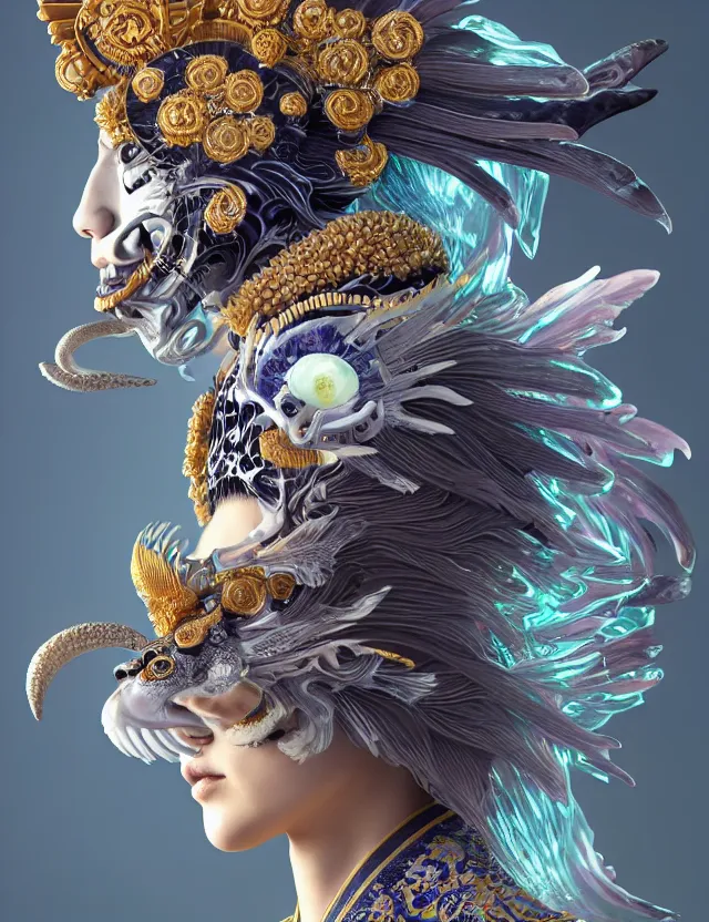 Image similar to 3 d goddess close - up profile portrait with crown, ram skull. beautiful intricately detailed japanese crow kitsune mask and clasical japanese kimono. betta fish, jellyfish phoenix, bio luminescent, plasma, ice, water, wind, creature, artwork by tooth wu and wlop and beeple and greg rutkowski