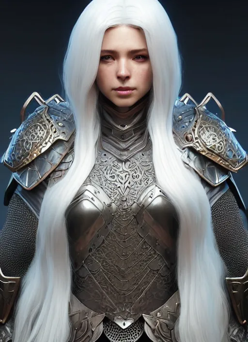 Image similar to opal leather armor!!! long wild white hair!! covered chest!!! fantasy, d & d, intricate ornate details, symmetry, concept art, sharp focus, illustration, art by artgerm! greg rutkowski magali villeneuve wlop! ilya kuvshinov!!, octane render, unreal engine 5, highly rendered!!