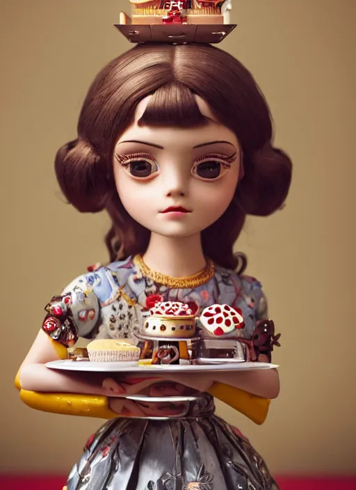 Image similar to closeup portrait of tin toy tin toy emma watson eating cakes, depth of field, zeiss lens, detailed, symmetrical, centered, fashion photoshoot, by nicoletta ceccoli, mark ryden, lostfish, earl nore, hyung tae, frank frazetta, breathtaking, 8 k resolution, extremely detailed, beautiful, establishing shot, artistic, hyperrealistic, octane render