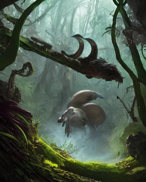 Image similar to Platypus rogue, green, forest background, magic the gathering artwork, D&D, fantasy, cinematic lighting, centered, symmetrical, highly detailed, digital painting, artstation, concept art, smooth, sharp focus, illustration, volumetric lighting, epic Composition, 8k, art by Akihiko Yoshida and Greg Rutkowski and Craig Mullins, oil painting, cgsociety