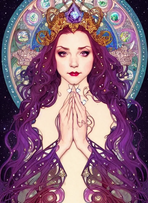 Prompt: fantastic portrait of a beautiftul witch with some shinny star, cloak, royally decorated crystal gemstones, symmetrical face, art nouveau, portrait, cute, fairy, by artgerm, kelly mckernan, mai yoneyama, alphonse mucha, detailed background, artstation, intricate, elegant, highly detailed, colorful, maximalist