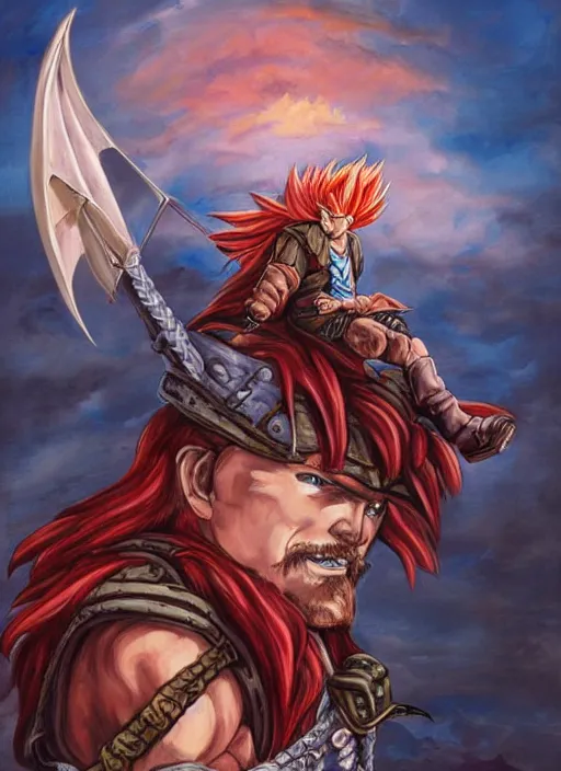 Image similar to epic fantasy portrait painting of a long haired, red headed male sky - pirate in front of an airship in the style of the dragonball