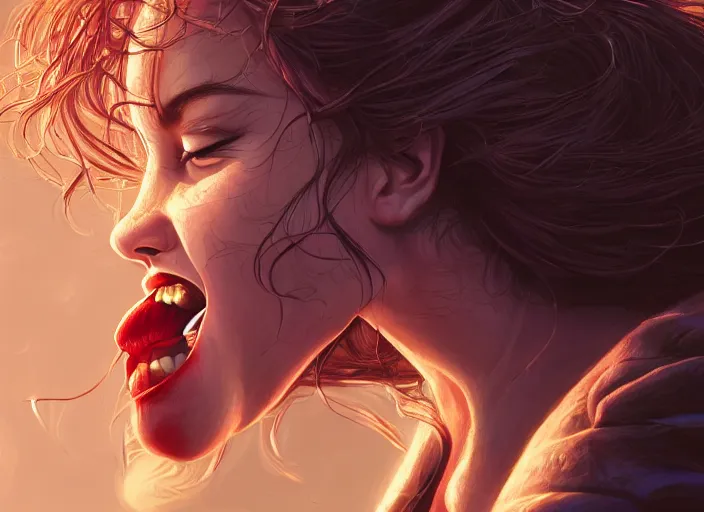 Prompt: wide open queen mouth, close - up, cry, defiant, full lips, light effect, hyper detailed, intricate, elegant, highly detailed, digital painting, artstation, concept art, matte, sharp focus, illustration, by dan mumford, yusuke murata, makoto shinkai, ross tran