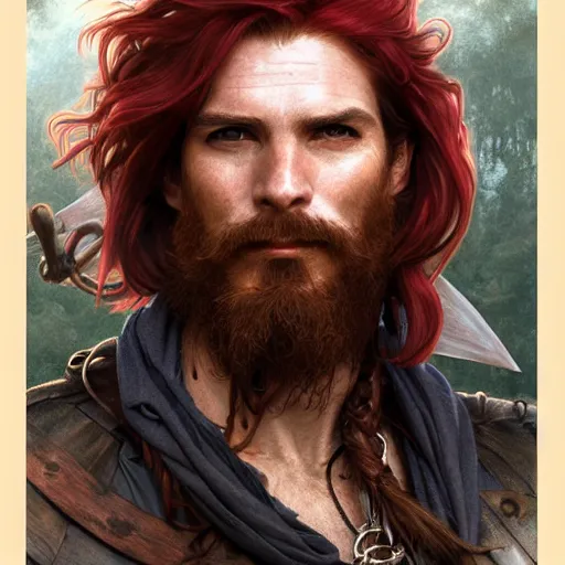 Image similar to portrait of a young ruggedly handsome but joyful pirate, male, masculine, upper body, deep red crimson hair, long hair, d & d, fantasy, roguish smirk, intricate, elegant, highly detailed, digital painting, artstation, concept art, matte, sharp focus, illustration, art by artgerm and greg rutkowski and alphonse mucha