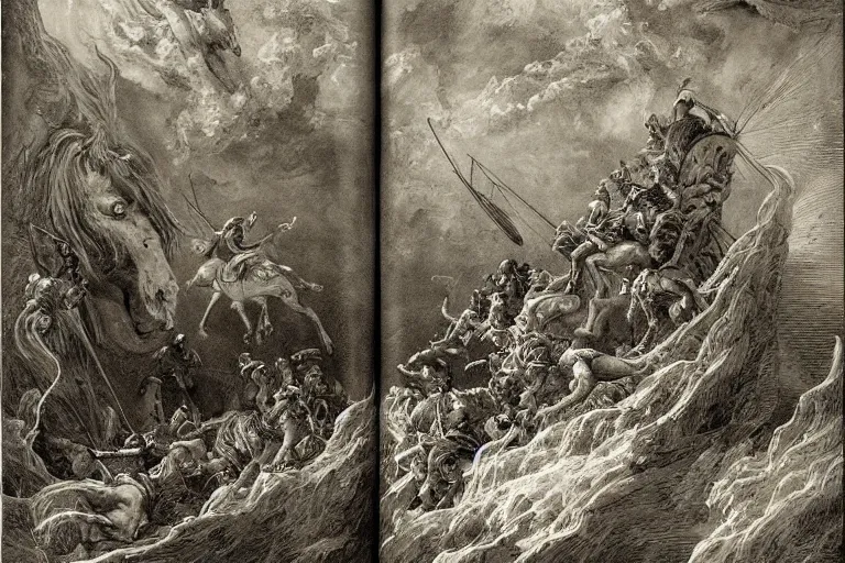 Prompt: highly detailed big open book, open book page, don quixote left the book, symmetrical face, magical, roman myth, masterpiece, crashing waves, lightning, highly detailed painting by gustave dore