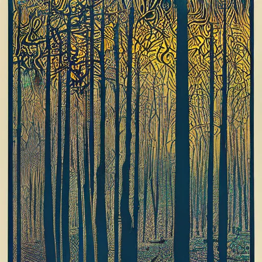 Prompt: a foggy golden forest, colored woodcut, poster art, by Mackintosh, art noveau, by Ernst Haeckel, bright pastel colors