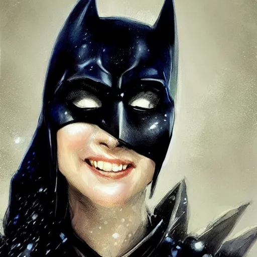 Image similar to batman as an attractive young smiling woman wearing a mushroom crown and heavy armoured wedding dress, face portrait, hd shot, digital portrait, beautiful, fantasy art, artstation, comic style, by artgerm, guy denning, jakub rozalski, magali villeneuve and charlie bowater