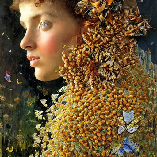 Prompt: a sculpture portrait made of butterflies and bees and flowers and plants, painting part by wojciech siudmak, part by ilya repin, part by max ernst, part by norman rockwell, artstation