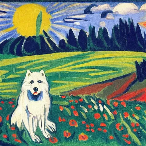 Image similar to a samoyed dog sitting in the middle of sunny meadow, by ernst ludwig kirchner