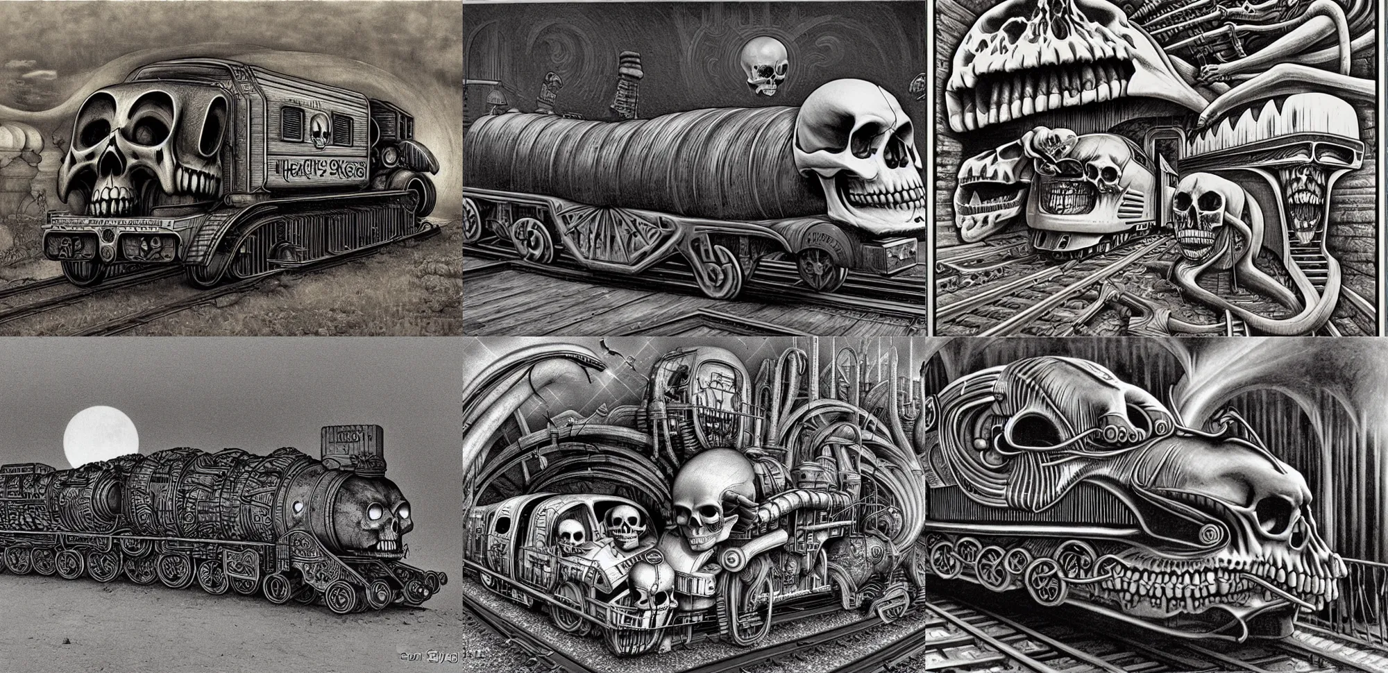 Prompt: the Laughing Skull train by H.R. Giger