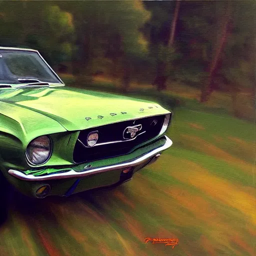 Image similar to green 1967 Ford Mustang GT, Swedish countryside, freedom, dawn, beautiful blonde woman, atmospheric, wlop, artstation, painting by Vladimir Volegov